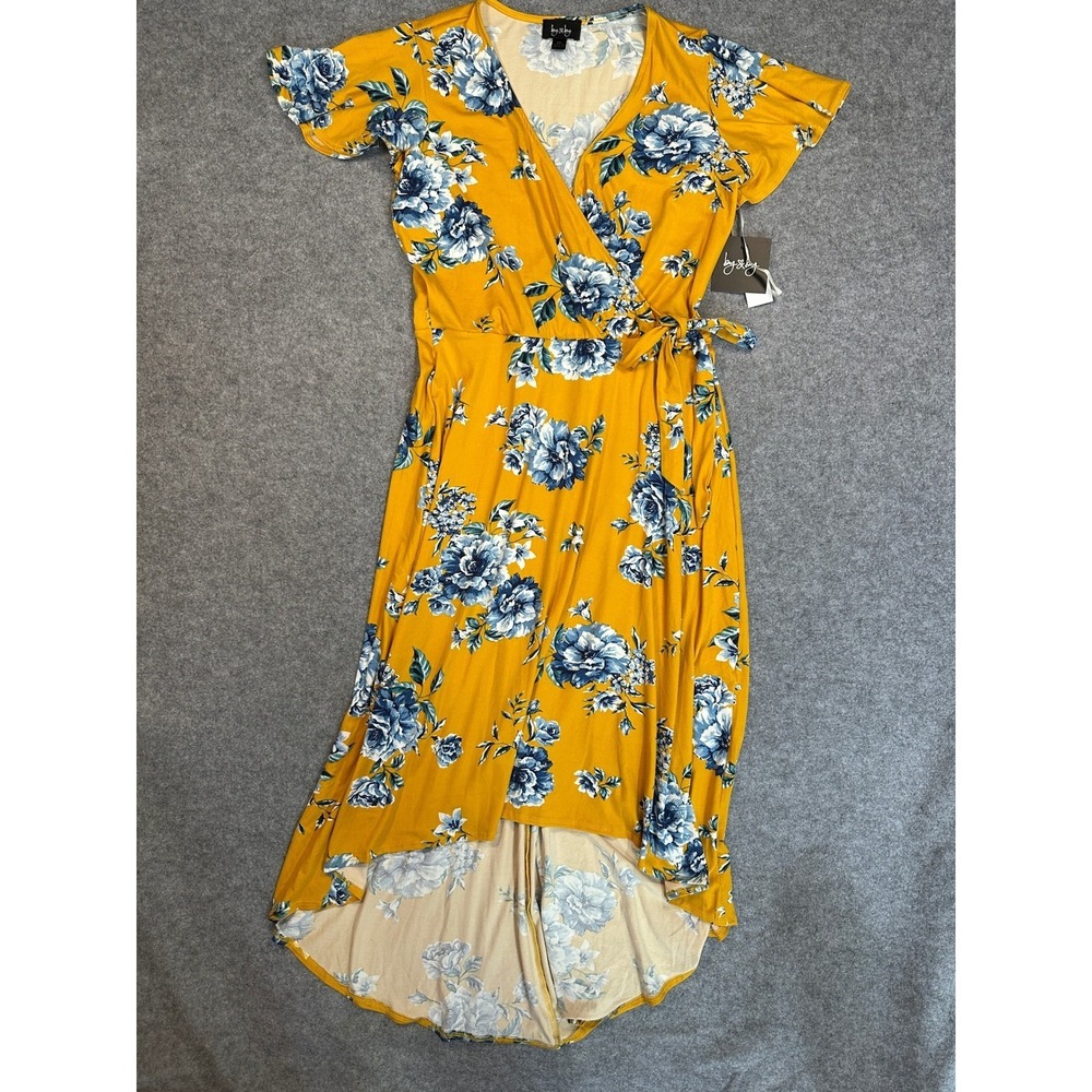 By & By Floral Wrap Dress XXL Mustard Yellow Blue High Low Flutter Sleeve NWT
